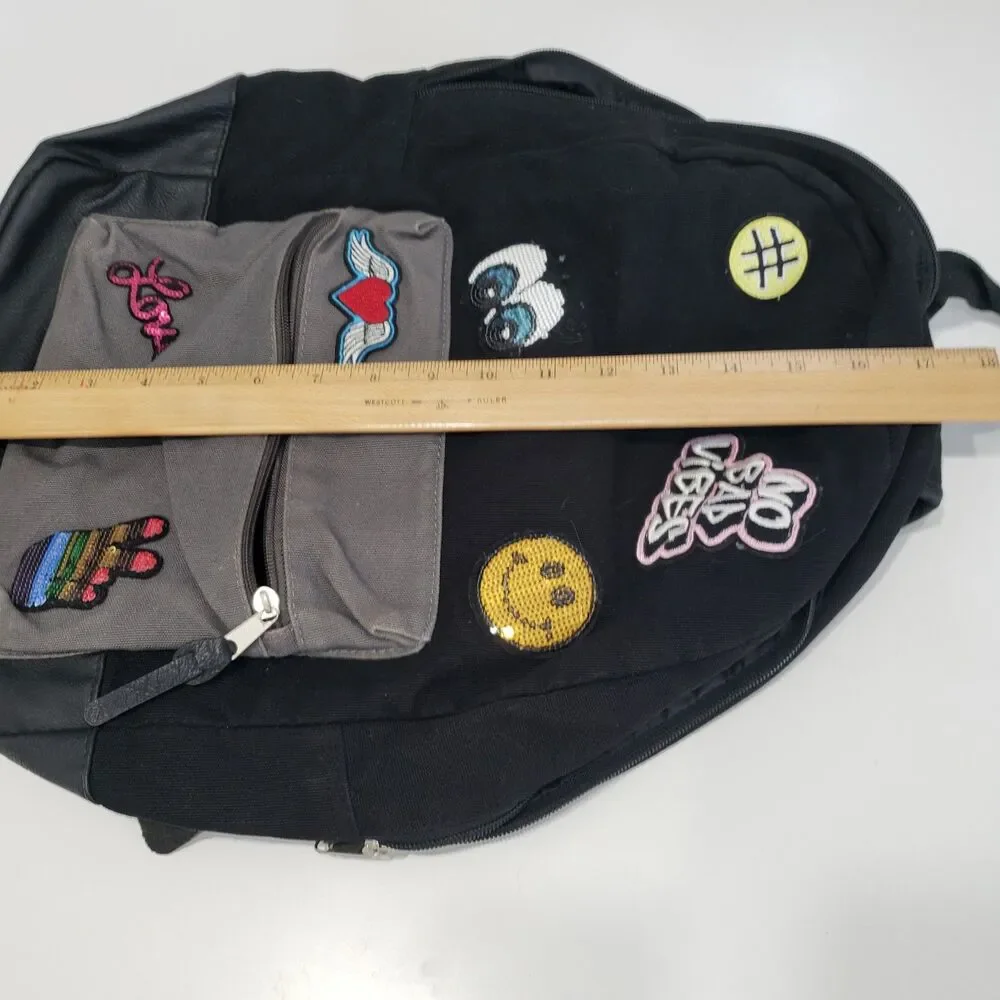 Black and Grey Fun Backpack with Decor, Approx. 17 x 12 x 6